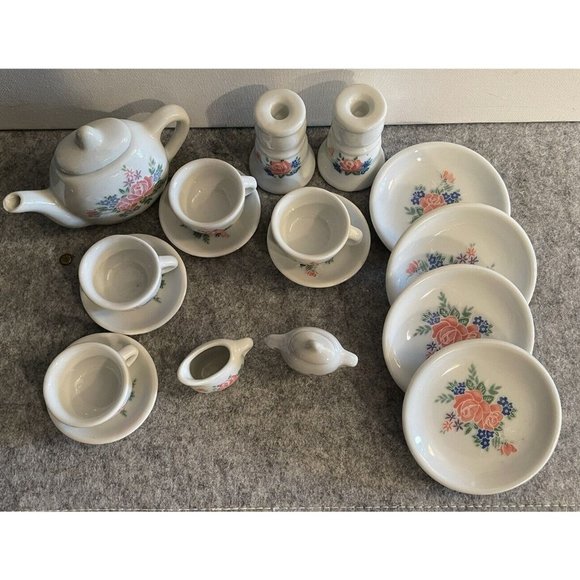 Childrens Miniture Tea set 19 pcs. plus 4 Napkin Rings Pink Flowers #607 - Picture 6 of 6